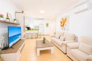 a living room with a couch and a tv at GOLDEN BEACH MOGAN in Puerto de Mogán