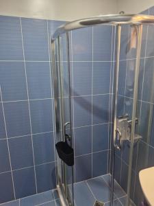 eine Dusche mit blauen Fliesen in einem Badezimmer in der Unterkunft Dan-Mari in Baltschik + 36 Fotos