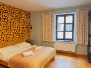 a bedroom with a large bed and a window at Apartmány 149 u náměstí in Český Krumlov