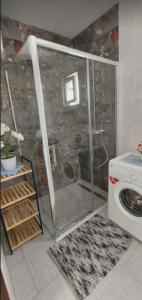 a bathroom with a shower and a washing machine at Apartmani Matan Vir in Vir +73 photos