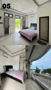 a bedroom with two beds and a balcony at FURQAN GUEST HOUSE Family in Iboih