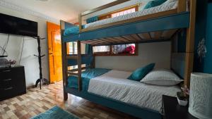 a bedroom with bunk beds with blue walls at Hostal la Divisa Salento in Arrayanal +95 photos