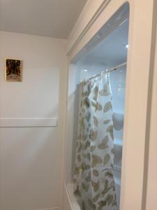 a shower curtain in a room with a window at La perle de Dieppe in Dieppe