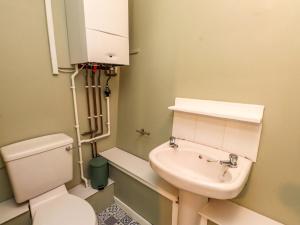 a small bathroom with a toilet and a sink at Woodman's Lodge in Moelfre
