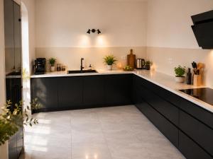 a kitchen with black cabinets and white counter tops at Villa Schönfeld in Schönfeld
