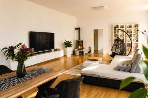 a living room with a couch and a flat screen tv at Villa Schönfeld in Schönfeld
