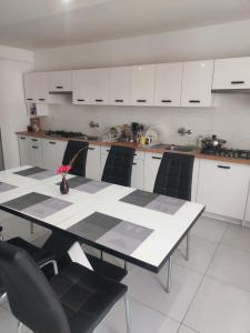 a kitchen with a table and black chairs in a kitchen at Agroturystyka Gorajec Zagroble in Wólka Czarnystok