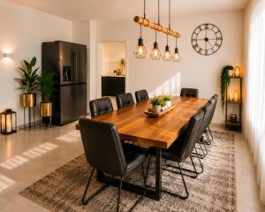 a dining room with a wooden table and black chairs at Villa Schönfeld in Schönfeld