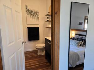 a bathroom with a toilet and a bed with a mirror at The View at Harbor Lights in Hammondsport +28 photos