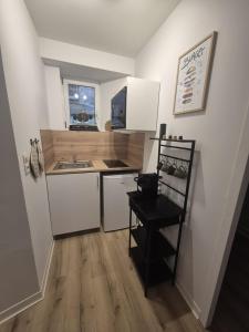a small kitchen with white cabinets and a sink at Appartement cocooning Sierck-les-Bains in Sierck-les-Bains +2 photos