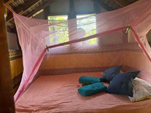 a bed with a mosquito net on it with pillows at Fireworks Tree House in White Sands