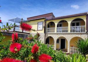 a house with red flowers in front of it at Apartmani Matan Vir in Vir