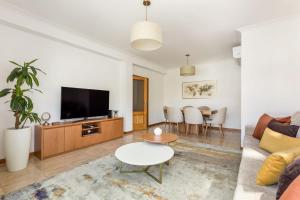 a living room with a couch and a tv at Cinfães Centro Stay in Cinfães