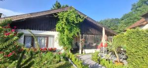 a cottage with flowers and plants in front of it at Ferienhaus Roseneck Bad Tabarz in Tabarz