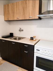 a kitchen with wooden cabinets and a sink at Pefanis House in Preveza