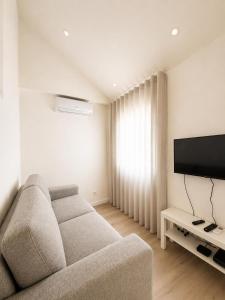 a living room with a couch and a flat screen tv at Casa do Leme in Nazaré