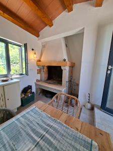 a living room with a table and a fireplace at ISTRIAN vibeS in Drenje +47 photos