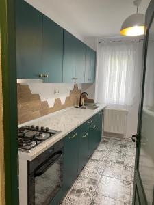 a kitchen with green cabinets and a stove top oven at Apartament Tudor in Făgăraş