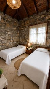 a bedroom with two beds and a stone wall at Mountain Escape Villa in Gamvriá
