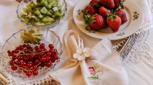 a table with two plates of strawberries and a bowl of fruit at Villa del Gattopardo in Palermo