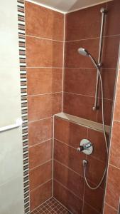 a bathroom with a shower with brown tile at Ferienwohnung Hebestreit in Kirchworbis