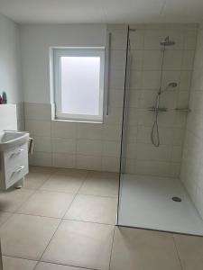 a bathroom with a shower and a sink at Ferienwohnung Landhege in Michelfeld