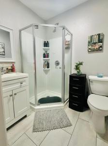 a bathroom with a shower with a toilet and a sink at Flawless one bedroom apartment! in Houston