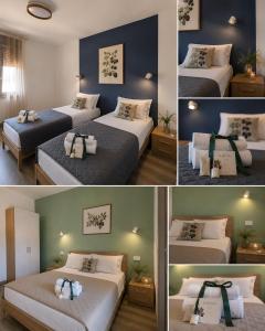 three pictures of a hotel room with two beds at Il Rovo Rooms in Porto Torres