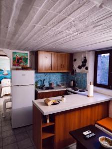 a kitchen with a white refrigerator and wooden cabinets at Hotel Eliza in Agios Nikolaos