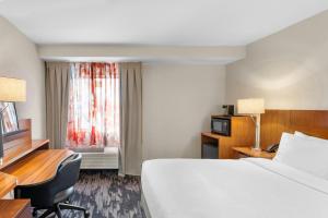 a hotel room with a bed and a desk and a window at Fairfield Inn Boston Woburn in Woburn +18 photos