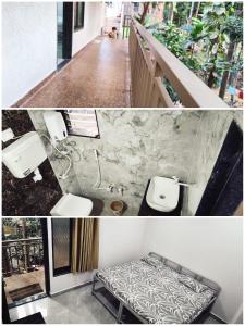 a collage of two pictures of a bathroom with a bench at Hindlekar home stay in Malvan