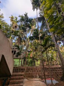 a house with palm trees in front of it at Hindlekar home stay in Malvan