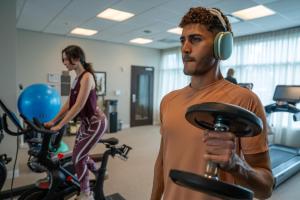 a man with headphones and a woman on an exercise bike at Hyatt Place Bayamon in Bayamón