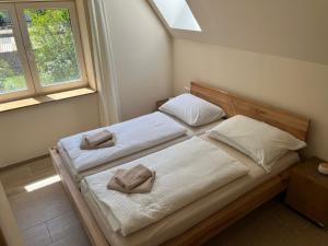 a bedroom with a bed with two pillows on it at Apartment P&T Top 5 in Altenhof +36 photos