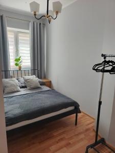 a bedroom with a bed and a floor lamp at Apartament Międzylesie in Międzylesie +26 photos