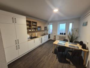 a kitchen with white cabinets and a table and chairs at Hostelion in Magdeburg