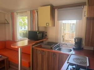 a small kitchen with a sink and a microwave at camping des iscles 167 in La Roque-dʼAnthéron