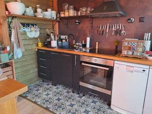 a kitchen with a stove and a sink and a counter at Zeltarasa in Avotkalni +49 photos