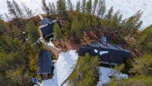 an aerial view of three houses on a hill with trees at Pitkälampi Private Lake Lodge in Jokikylä