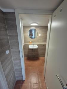 a bathroom with a sink and a mirror at Hostelion in Magdeburg +31 photos