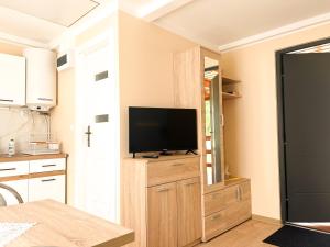 a kitchen with a television on a wooden cabinet at Zieleniec in Drawsko