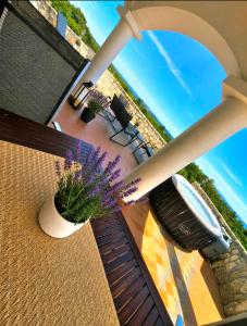 a view of a patio with a vase with purple flowers at Dorono House in Balatonudvari