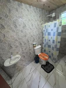 a bathroom with a toilet and a sink at Chalé in Paraty