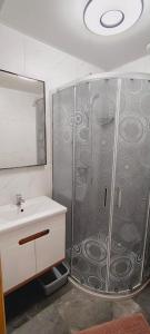 a bathroom with a shower and a sink at Letni Domek , Ogrzewany, z bilardem in Ruciane-Nida