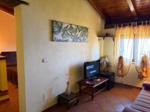 ein Wohnzimmer mit einer Couch und einem Fernseher auf einem Tisch in der Unterkunft Il Muraglio in Belmonte Calabro