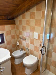 ein Badezimmer mit Toilette, Waschbecken und Dusche in der Unterkunft Il Muraglio in Belmonte Calabro + 26 Fotos