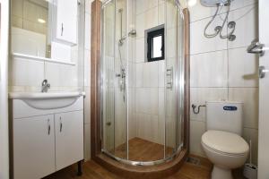 a bathroom with a shower and a toilet and a sink at Jednosoban stan Milinic in Herceg-Novi +20 photos