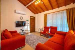 a living room with red furniture and a tv at Villa Masal in Kayakoy