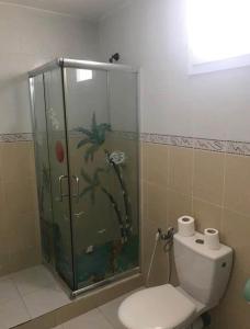 a bathroom with a glass shower with a toilet at Near the Beach Apt in Aghīr