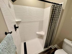 a bathroom with a shower curtain and a toilet at River Stone Villa - 2Bedroom/2Bath - No Step Entry in Bellevue +27 photos